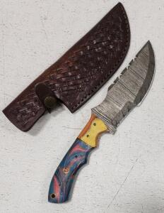 (1) Damascus Steel Tracker Knife With Wood And Resin Handle W/ Sheath