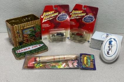 Unopened Johnny Lightning Retro Rods / Collectable Holly Hobby Jewelry Container / Holiday Trader Joe&rsquo;s Collectible Tin