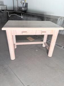 Rustic Wooden Table with 2 Drawers, Light Natural Wood, Rounded Legs