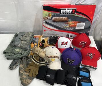 Lot Of Assorted Items - Football Caps , Weber Spirit 300 Series Replacement Grill , Rawlings 10&rdquo; Childs Baseball Glove , Ankle Weights & More