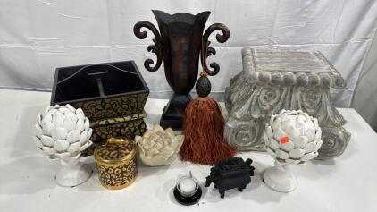 Assorted Home Decor Items - Ceramic Lotus Flower , 2 Ceramic Artichokes, Heavy Plaster Plant Base & More