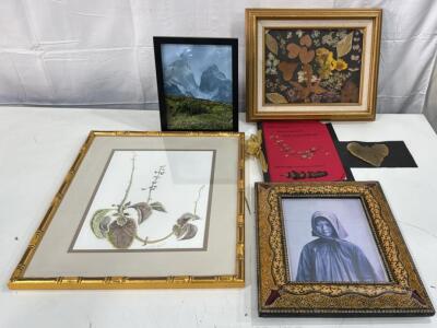 (4) Assorted Pictures W/Frames - 1 Out Door Landscape 11x9 , 1 Signed Plant Artwork 21x17.5 , 1 Decorative Frame 14.75x12.5 , 1 Pressed Botanical Folk Art 16x13 & Poem That Goes With It