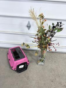 (1) Pink Pet Carrier & (1) Fake Plant Assortment With Glass Vase