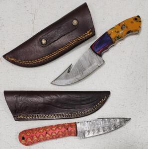 (1) Damascus Steel Skinning Gut Knife With Wood And Resin Handle W/ Sheath (1) Damascus Steel Hunting Knife With Wood Handle And Sheath