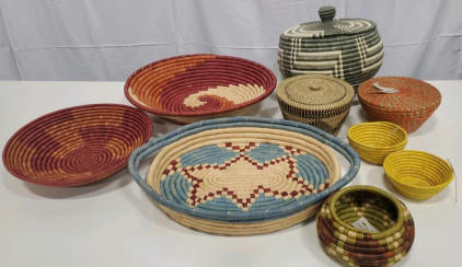 (9) Assorted Size Hand Woven Baskets From Haiti