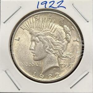 1922 Peace Dollar Coin, 90% Silver, U.S. Mint, 1.5" Diameter, Reeded Edge