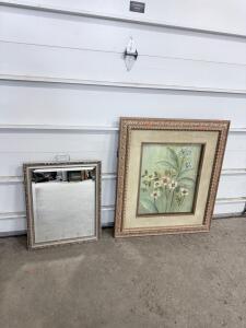 (1) Wood Framed Flower Art Piece & (1) Framed Hanging Wall Mirror