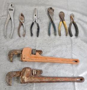 (2) 14" Pipe Wrenches & Assorted Pliers & Nippers