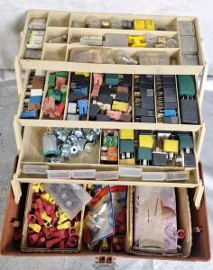 (1) Plastic Toolbox W/ Assorted Home & Auto Electrical Parts