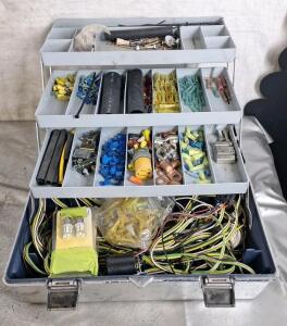 (1) Plastic Toolbox W/ Assorted Home & Auto Electrical Parts