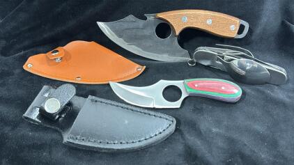 3 Assorted Knives- 2 Skinners & 1 Multi Knife W/Spoon + Fork