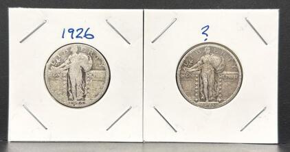 (2) Standing Liberty Quarters Dated 1926 And Unknown, U.S. Mint, 90% Silver, 25 Cents