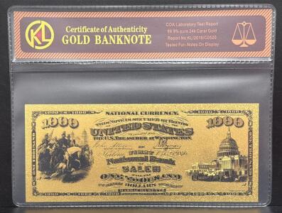 KL Commemorative $1000 Gold-Plated Banknote, 24k Gold Purity, COA