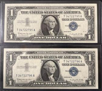 Consecutive 1957 B Series Silver Certificate One Dollar Bills, Serial T 34722795 A & T 34722796 A