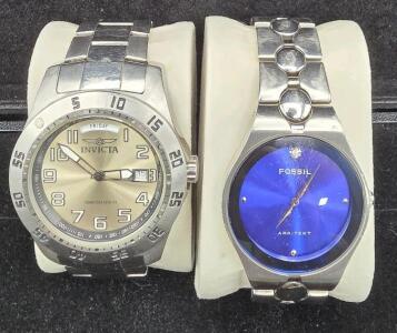 (1) Invicta Specialty or ProDiver Tritnite, Swiss Movement Quartz Watch - Stainless Steel Case And Band Water-resistantto 100M (1) Fossil Arkitekt Ladies Quartz Watch Metallic Blue Dial
