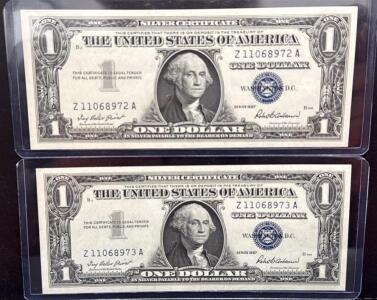 1957 Series One Dollar Silver Certificate, Blue Seal, Consecutive Serial Numbers Z11068972A & Z11068973A