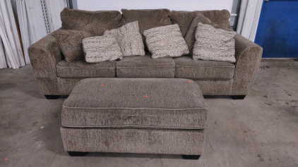 Ashley Furniture Upholstered Piece Brown Fabric 3-Seater Sofa Set with Ottoman and Cushions