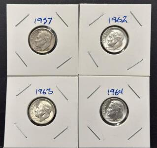 Set of Roosevelt Silver Dimes 1957, 1962, 1963, 1964