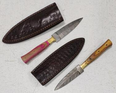 (2) Damascus Steel Double Sided Fixed Blade Knife With Wood Handles And Sheaths