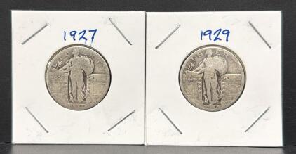 1927 & 1929 Standing Liberty Quarters, 90% Silver, U.S. Coin