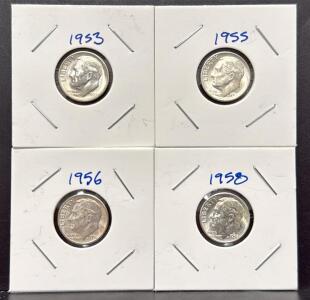 1953, 1955, 1956, 1958 Roosevelt Dimes, U.S. Mint, 90% Silver Composition