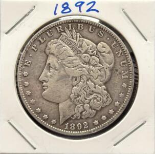 1892 Morgan Dollar Coin, United States, No Mint Mark, 90% Silver