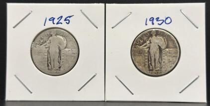 1925 and 1930 U.S. Standing Liberty Quarter Coins, 90% Silver