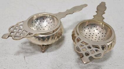 (2) Vintage Silver Plated Victorian-Style Tea Strainer W/ Drip Bowls