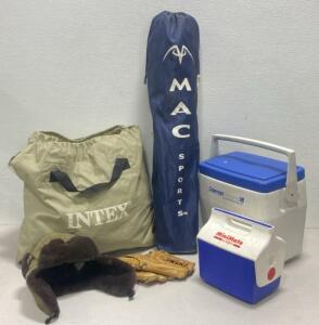 Coleman and Igloo Cooler / Intex Blowup Mattress / Sports Chair / Furry Hat