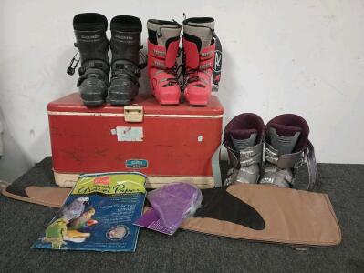 3 Pairs Of Downhill Ski Boots, Lange 26,5, Salomon Unknown Size, Rosignol Unknown Size, Thermos Retro Cooler, And More!