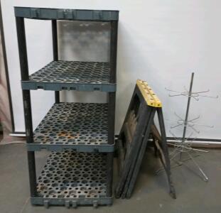 4 Tier Plastic Shelf Stand Length=24" Width=36" Height=54", (2) Plastic Folding Saw Horses, 4-Tier Spinning Display Stand