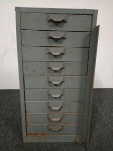 Small Metal Storage Container With 9 Drawers Length=9", Width=12 1/1", Height=24 1/2" Has Twist Clasp To Hold Drawers In Place