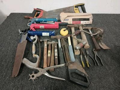 Large Variety Of Older Tools, Hammers, Hand Saws, Levels, Pliers, Caulk Guns, Chisels, Manual Drills, And More!