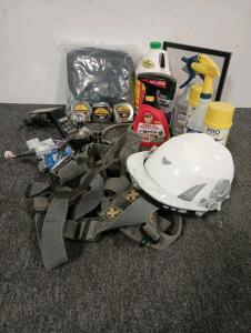 Adjustable Safety Harness And Hard Hat, 4" Drop Ball Hitch With Lock, (2) Propane Tank Pressure Gauges, Various Cleaning Chemicals And More!