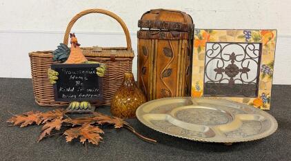 Decorative Home Collection: Wicker Basket, Metal Tray, Faux Leaves