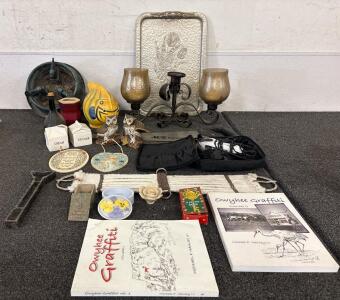 Home Decor (1) Silver Floral Serving Tray (1) 3 Candle Candelabra (1) Pair Wahl Hair Clippers with Case Various Decorative Jars And More