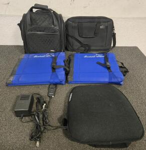 (2) Luggage Bags, (2) Stadium Chairs, (1) Chair Back Massager