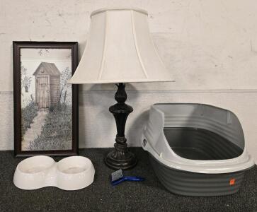 Lamp, Outhouse Framed Picture, Litter Box, Food/Water Bowl, Cat Brush