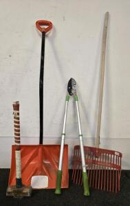 Snow Shovel, Rake, Tree Loppers, Sledgehammer