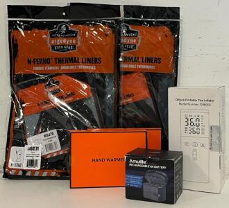 (4) Pcs Rechargable Hand Warmers, (2) Pcs N-Ferno Thermal Liners, Portable Tire Inflator & (8) Pcs Rechargable AA Batteries W/ Charging Case