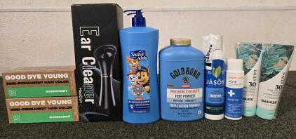 Bathroom Supplies Including: Ear Cleaner, Kids 3in1 Cleaner, Foot Powder, Conditioner, Sunscreen & Hair Dye