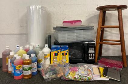 Art Supply Lot, Paints, Pencils, Stickers, Clay, Notebooks, Crayons, Wooden Stool, And Microwave (Works)