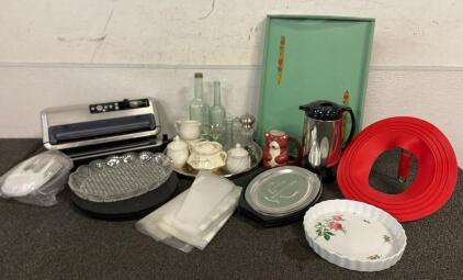 Foodsaver (Works) And Bags, Bed Tray, Coffee Canteen, Glassware, Incomplete Tea Set, Serving Trays, (2) Turntables, Crystal Platter And More