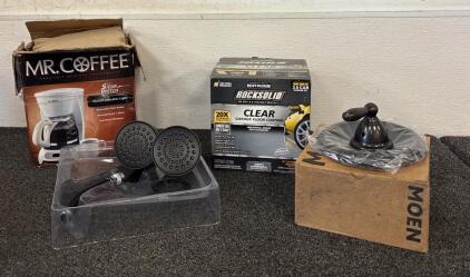 (1) Mr Coffee 5 Cup Coffee Pot (1) Box Rock Solid Rustoleum Floor Coating Various Shower Head And Facucet Parts