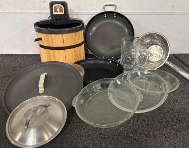Home Cookware Lot (1) Sunbeam Ice Cream Maker Various Skillets and Lids (3) Round Glass Baking Dishes (1) Glass Beer Stein