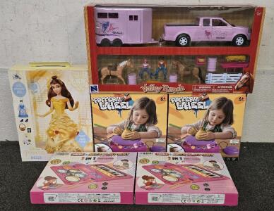 Disney Princess Belle Collectible Doll, (2) Pink Pottery Wheel Sets For Kids, Valley Ranch Toy Set, (2) Jazz Play Mats