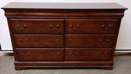 Traditional Dark Cherry Wood Dresser, 6 Drawers, Metal Handles