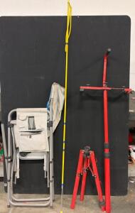 (1) Pro Bass Eclipse Folding Chair, (1) Industrial Light Holder, And More!!