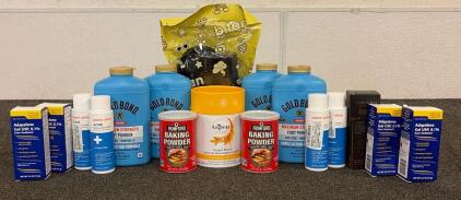 (2) Rumford Containers Of Baking Powder, (4) Containers Of Gold Bond Feet Powder, (1) B.Tan Besties Tanning Lotion Bundle, And So Much More!!
