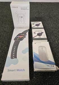Smart Watch, Outlet Converter, Wireless Mouse, Magnetic Cable Organizers